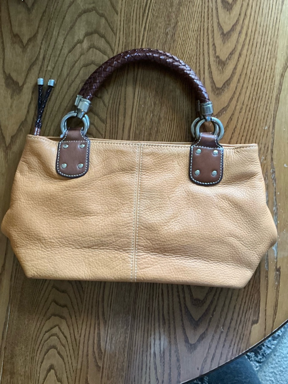 Fossil Pebbled  Shoulder Bag with Brown Braided Handles